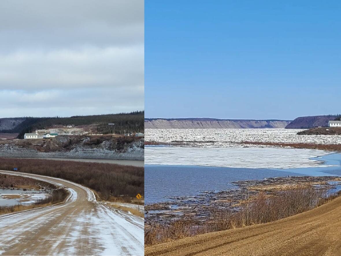 The Mackenzie River at the Dempster Highway crossing near Tsiigehtchic, N.W.T. On the left, water levels are well below the road, compared to the crossing on Monday (right) which is now submerged in water, which rose nearly six feet in one day. (Submitted by Amy Sciezer - image credit)