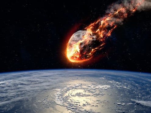 <span class="caption">A large impact.</span> <span class="attribution"><a class="link " href="https://www.shutterstock.com/image-photo/meteor-glowing-enters-earths-atmosphere-elements-297359225" rel="nofollow noopener" target="_blank" data-ylk="slk:Shutterstock/Vadim Sadovski;elm:context_link;itc:0;sec:content-canvas">Shutterstock/Vadim Sadovski</a></span>