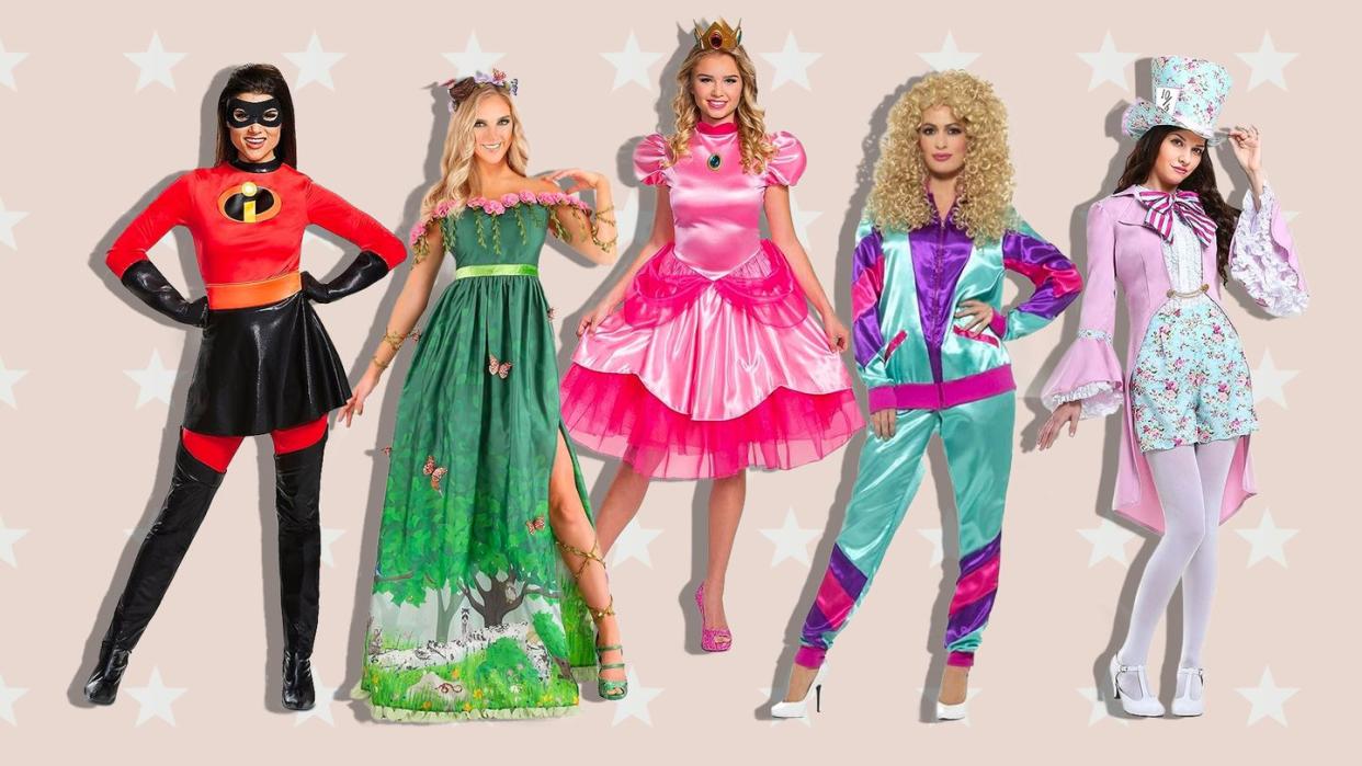 womens halloween costumes including mrs incredible, mother nature, princess peach, 80s tracksuit, and wonderland costumes