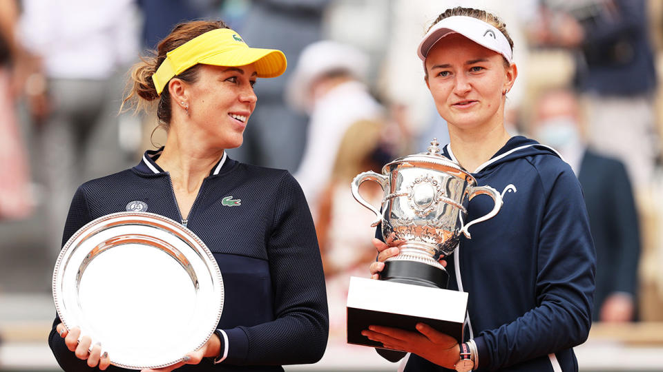 Seen here, runner-up Anastasia Pavlyuchenkova and French Open champion Barbora Krejcikova.