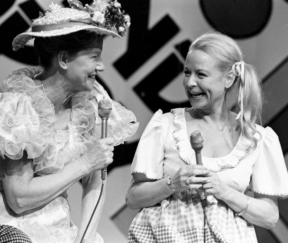 Co-host Minnie Pearl, left, gets a laugh out of Martha Mitchell during the final taping of the week's sessions of the Mike Douglas show at the Grand Ole Opry House May 1, 1975.