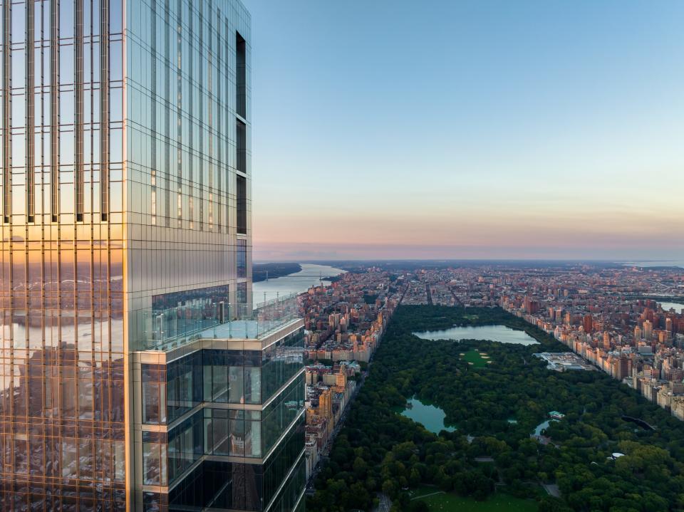 the $250 million New York City penthouse at Central Park Tower at sunset, overlooking Central Park