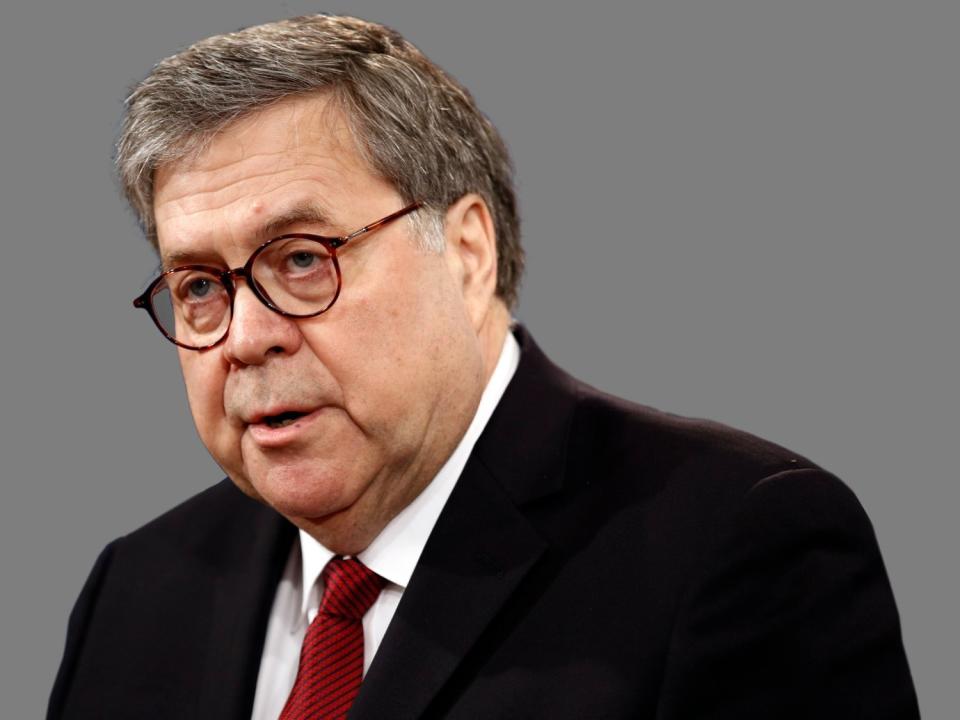 William Barr, as US Attorney General, speaks about the release of a redacted version of special counsel Robert Mueller's report during a news conference, graphic element on gray