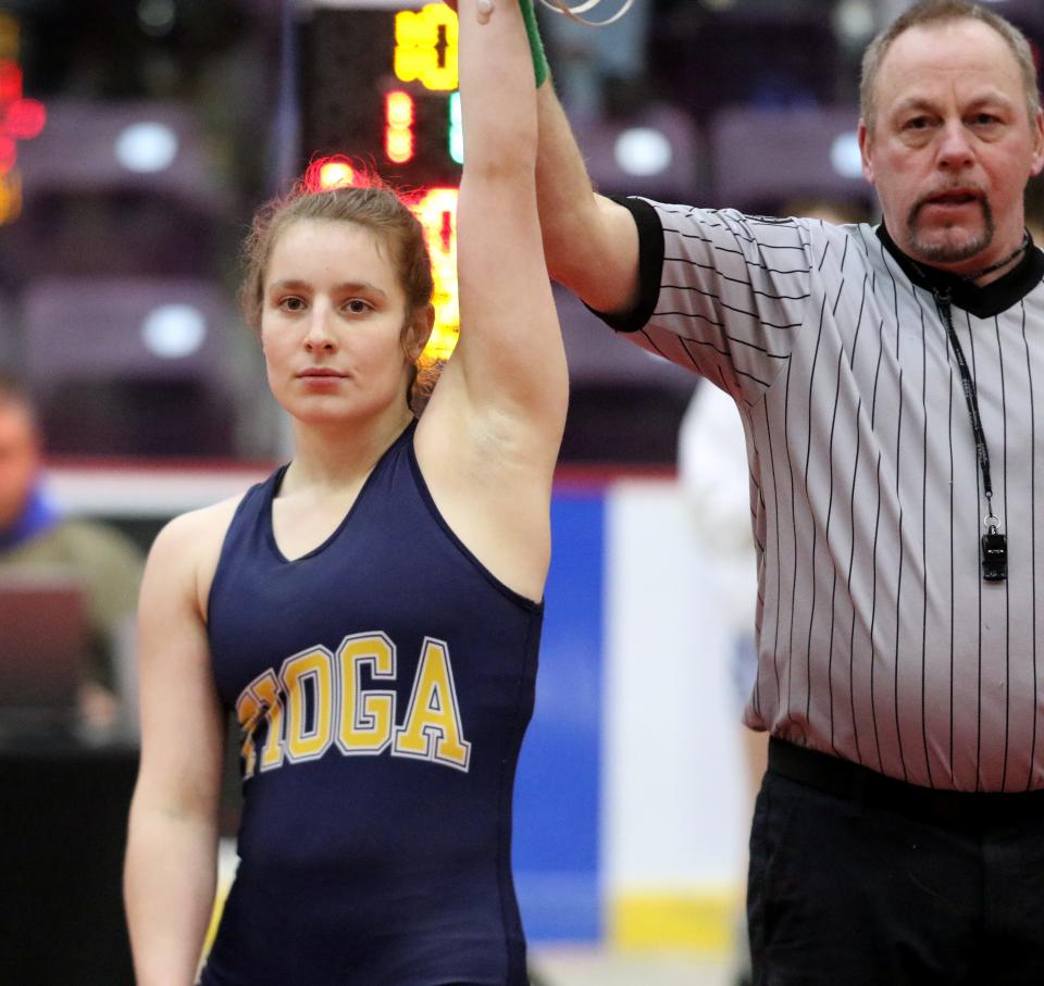 Tioga Central's Emily Sindoni won the girls 126-pound title with a pin of Athens' Hannah Rathbun as Elmira's First Arena hosted the Southern Tier Classic wrestling tournament Jan. 14, 2022.