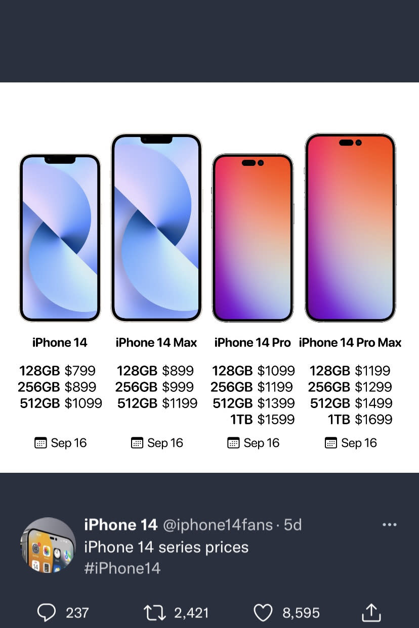 科技網紅曝光iPhone 14系列機型售價。（圖／翻攝自推特）