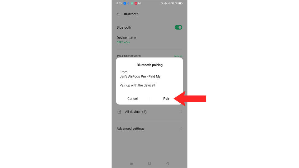 Steps for connecting AirPods to Android by tapping Pair.