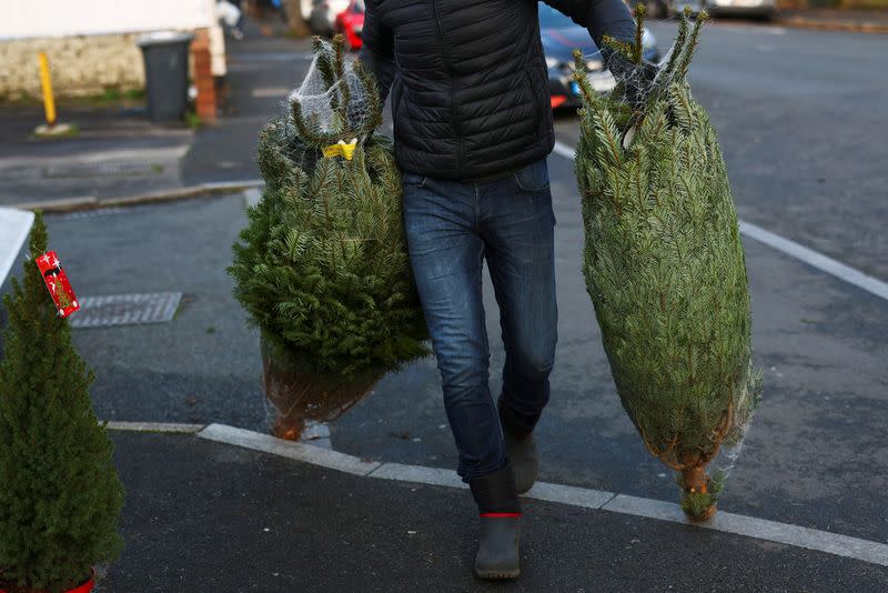 FILE PHOTO: Workers at Mistletoe and Pine set up a Christmas tree stand, amid the coronavirus disease (COVID-19) outbreak in the Dulwich area of London