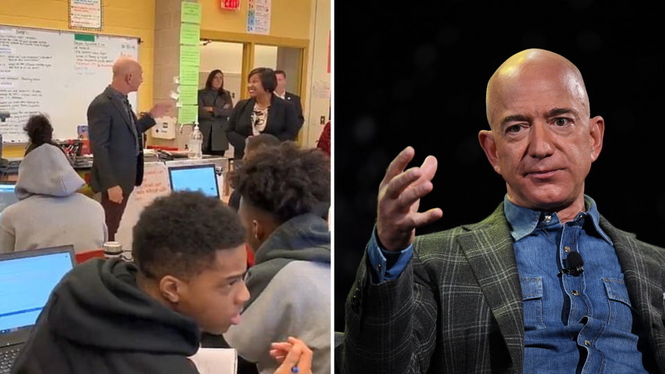 Pictured: Amazon CEO Jeff Bezos, Jeff Bezos in Washington DC classroom. Images: Getty, Caroline Tucker NBC