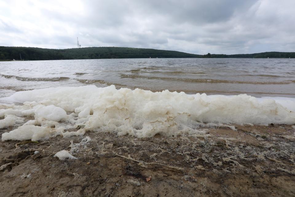 Algae bloom foam gathers on the shoreline of Lake Welch in Harriman State Park Aug. 30, 2022. The lake has be closed because of a harmful algal bloom.