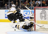 SAN JOSE, CA - MARCH 22: Tim Thomas #30 of the Boston Bruins makes a save on a shot taken by Martin Havlat #9 of the San Jose Sharks at HP Pavilion at San Jose on March 22, 2012 in San Jose, California. (Photo by Ezra Shaw/Getty Images)