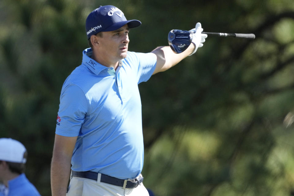 Christiaan Bezuidenhout, of South Africa, tries to direct his drive on the ninth tee during the final round of the Sanderson Farms Championship golf tournament Sunday, Oct. 8, 2023, in Jackson, Miss. (AP Photo/Rogelio V. Solis)