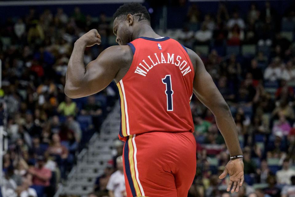 New Orleans Pelicans forward Zion Williamson reacts after a basket against the Portland Trail Blazers during the first half of an NBA basketball game in New Orleans, Saturday, March 16, 2024. (AP Photo/Matthew Hinton)