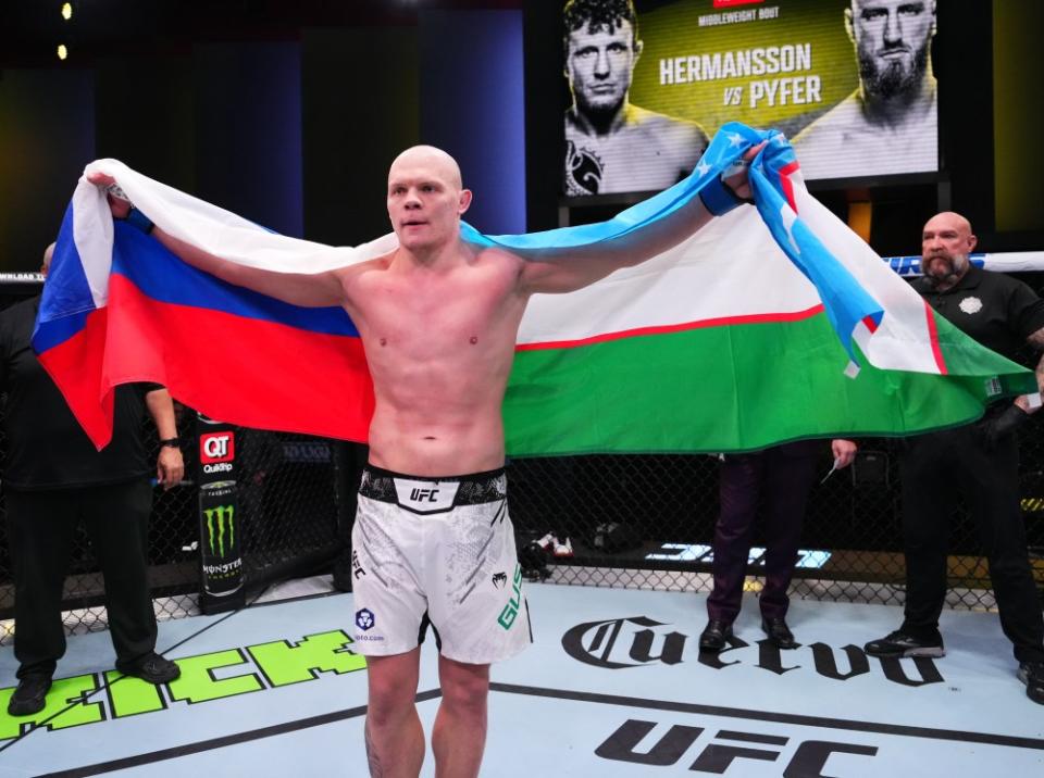 LAS VEGAS, NEVADA – FEBRUARY 10: Bogdan Guskov of Uzbekistan reacts after his knockout victory against Zac Pauga in a light heavyweight fight during the UFC Fight Night event at UFC APEX on February 10, 2024 in Las Vegas, Nevada. (Photo by Jeff Bottari/Zuffa LLC via Getty Images)