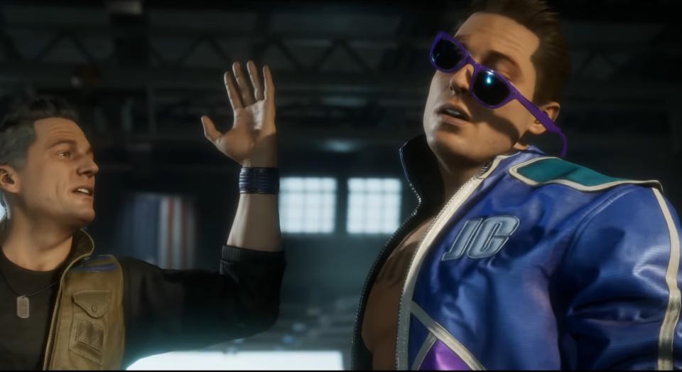 Mortal Kombat 11 trailer still - Johnny Cage slaps Johnny Cage