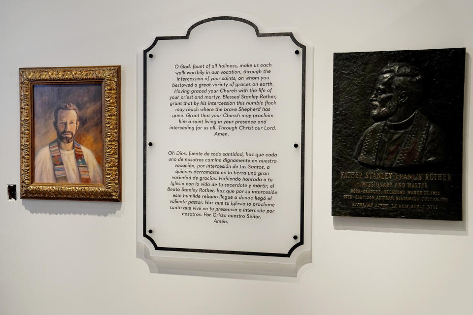 A display in the museum that is part of the The Blessed Stanley Rother Shrine is pictured Thursday, Feb. 2, 2023, in Oklahoma City. The 46-year-old priest, shot to death in 1981, became the Catholic Church’s first martyr to be born in the United States.Now a $50 million shrine built to honor the slain missionary — killed by three masked assassins who entered his rectory during Guatemala’s civil war — is expected to draw thousands of pilgrims to his home state. (AP Photo/Sue Ogrocki)