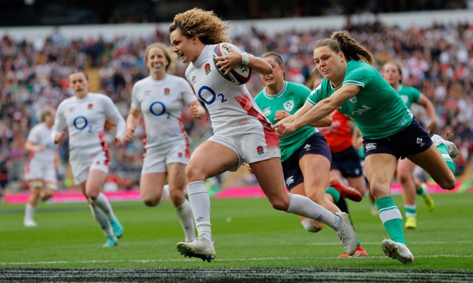 <span>Ellie Kildunne breaks clear to score her second try of the match against Ireland.</span><span>Photograph: Tom Jenkins/The Observer</span>