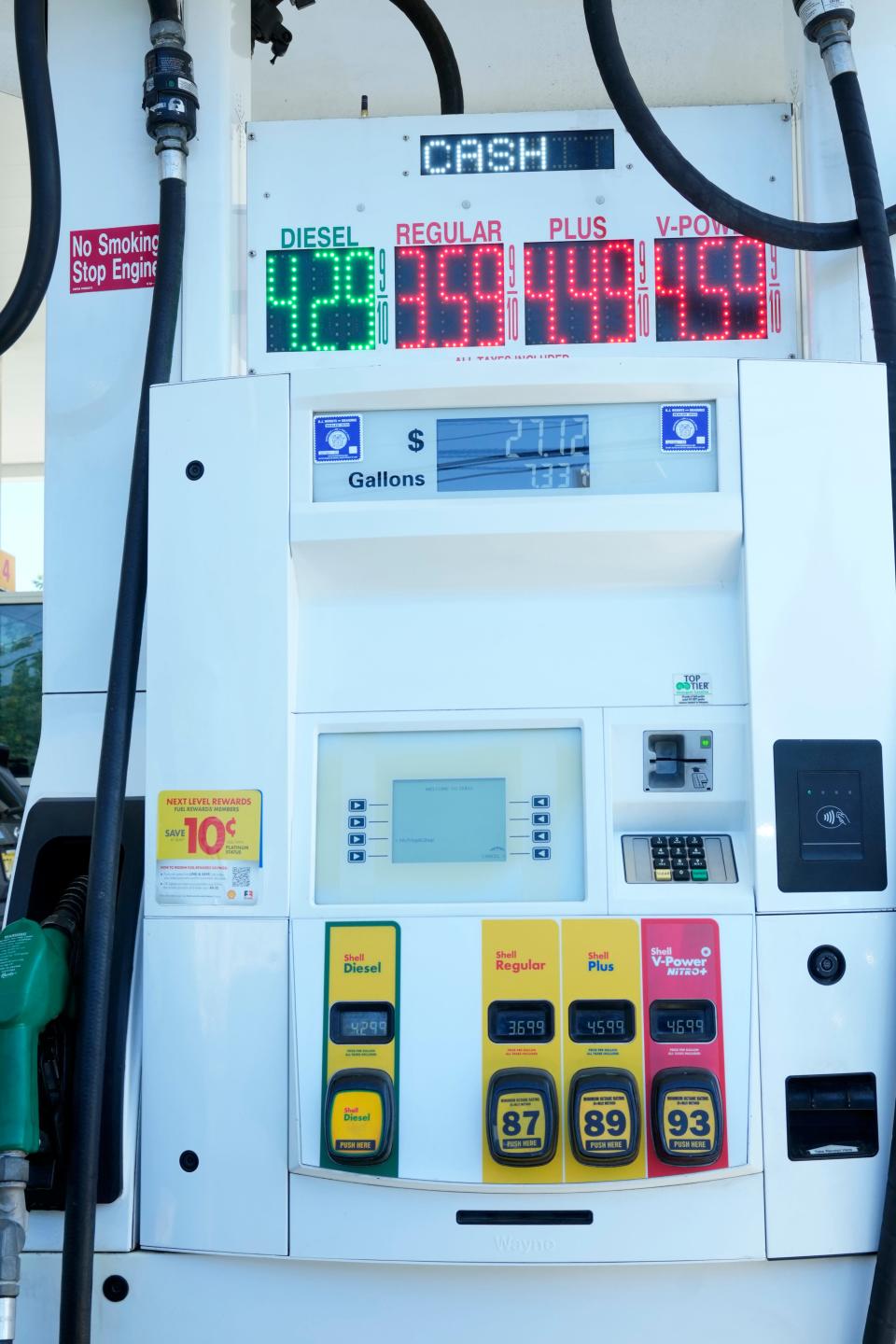 A gas pump displaying prices are shown at a Shell station on Route 17 South in Ridgewood, Thursday, August 31, 2023.