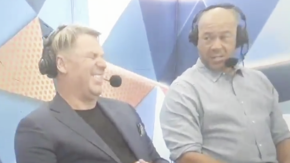 Shane Warne and Andrew Symonds found themselves in hot water after they were caught unaware by a live microphone before the start of Friday night's BBL match. Picture: Fox Sports/Kayo/Twitter
