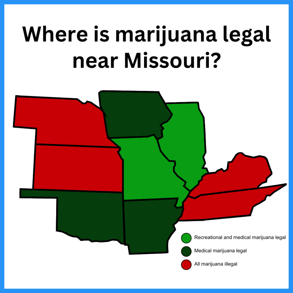 Marijuana is legal in four states that border Missouri. Medical marijuana is legal in Iowa, Oklahoma and Arkansas. Recreational and medical marijuana is legal in Illinois.