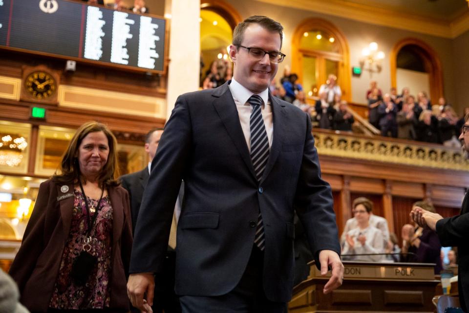 Lt. Gov. Adam Gregg arrives for the Condition of the Judiciary at the Iowa State Capitol on Wednesday, Jan. 15, 2020, in Des Moines.