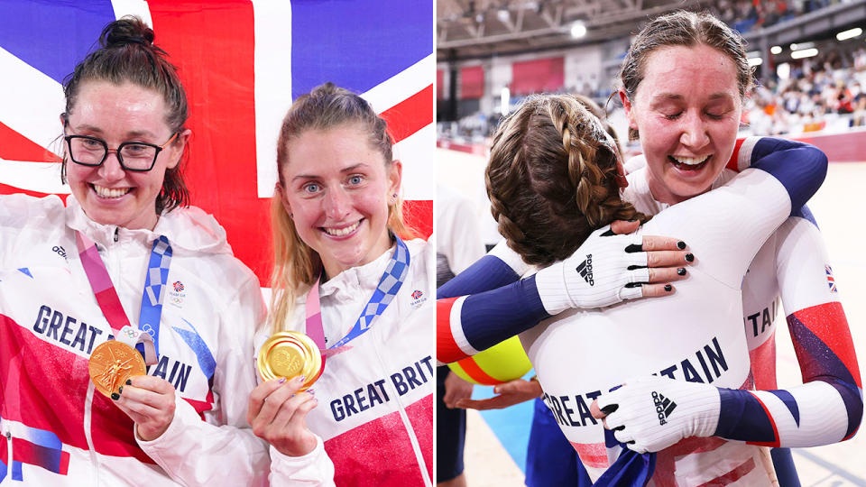 Laura Kenny is seen here celebrating her gold medal in the women's Madison at the Tokyo Games.