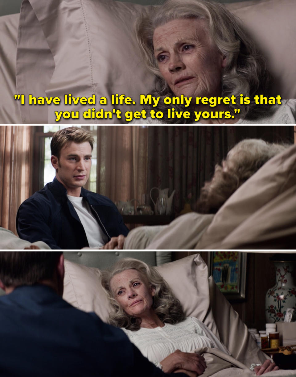 An older Peggy telling Steve, "I have lived a life. My only regret is that you didn't get to live yours"