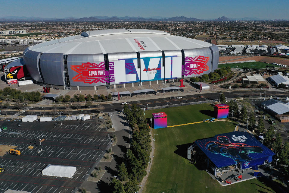 GLENDALE, ARIZONA - JANUARY 28: In an aerial view of State Farm Stadium on January 28, 2023 in Glendale, Arizona.  State Farm Stadium will host the NFL Super Bowl LVII on February 12.  (Photo by Christian Petersen/Getty Images)