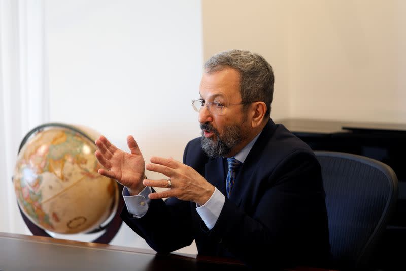 Ehud Barak, chairman of InterCure, a holding company of small medical firms, that bought medical cannabis developer Canndoc, speaks during an interview with Reuters in Tel Aviv
