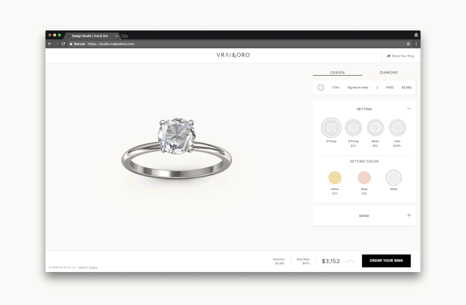 You can customize every detail, from the diamond’s carat size and shape to the band’s color, metal type, and polish, and more. (Photo: Courtesy of Vrai & Oro)