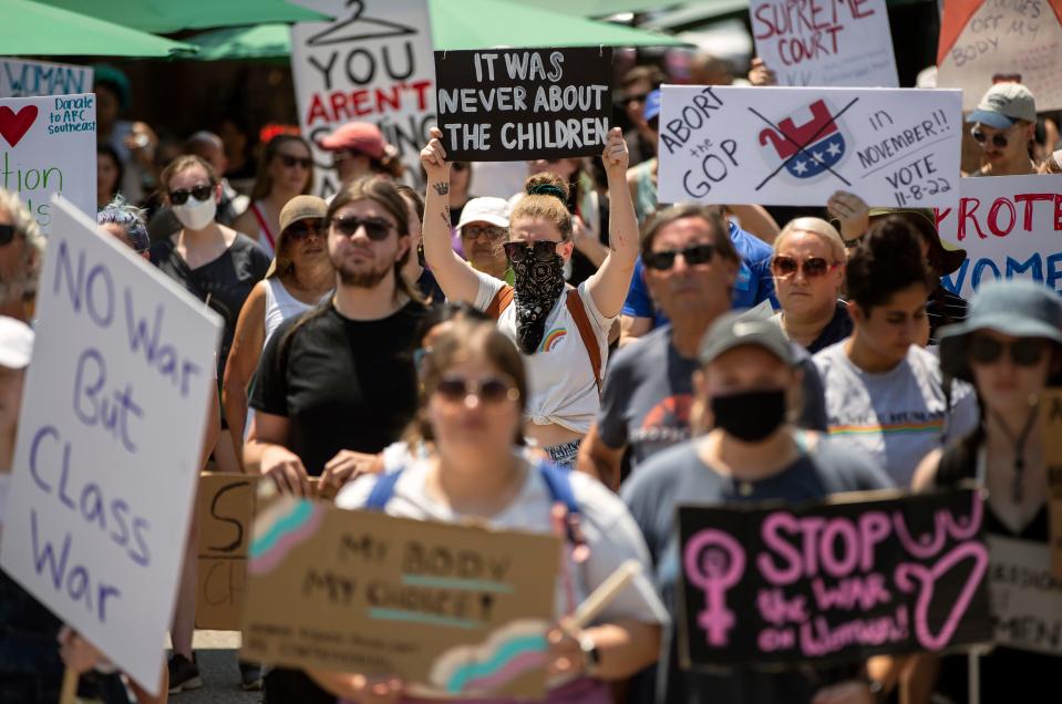 Hundreds of people attend an abortions rights rally in response to the U.S. Supreme Court decision overturning Roe v. Wade on Saturday, June 25, 2022 in downtown Athens.