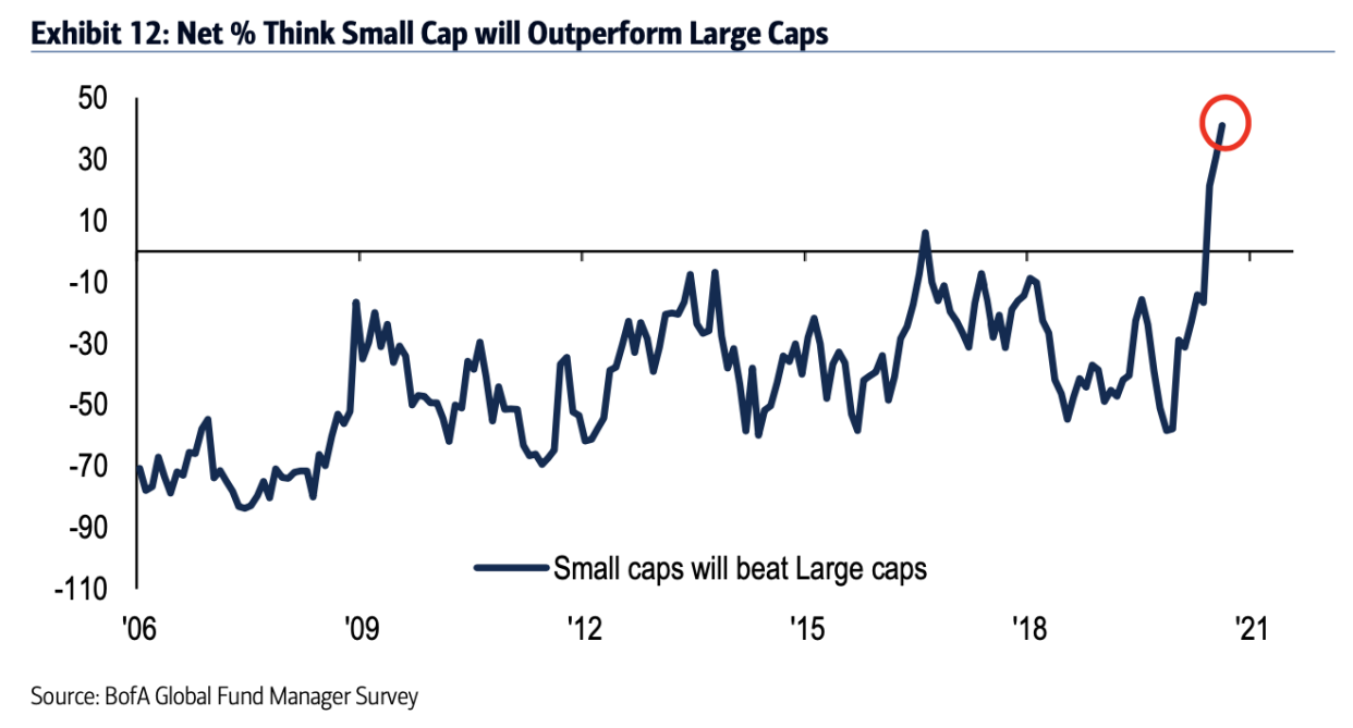 Bank of America's latest global fund manager survey shows expectations for small cap stocks continues to be at a record high. (Source: Bank of America Global Research) 