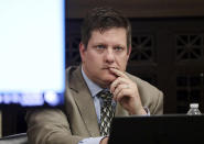 Chicago police Officer Jason Van Dyke listens during the second day of his murder trial for the 2014 killing of Laquan McDonald on Tuesday, Sept. 18, 2018, at the Leighton Criminal Court Building in Chicago. (Antonio Perez/Chicago Tribune via AP, Pool)