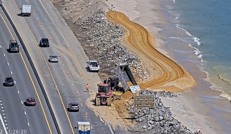 Riprap being used to fortify the dune at the northern foot of the Indian River Inlet bridge in Delaware Seashore State Park, Aug. 22, 2024.