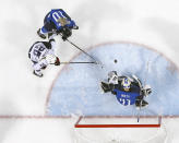 <p>Goalie Noora Raty (41), of Finland, blocks a shot by Kendall Coyne (26), of the United States, as Linda Valimaki (10) defends during the first period of the preliminary round of the women’s hockey game at the 2018 Winter Olympics in Gangneung, South Korea, Sunday, Feb. 11, 2018. (AP Photo/Kiichiro Sato) </p>