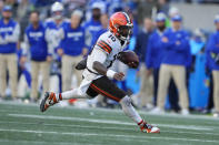 Cleveland Browns quarterback PJ Walker (10) carries in the first half of an NFL football game against the Seattle Seahawks, Sunday, Oct. 29, 2023, in Seattle. (AP Photo/Lindsey Wasson)