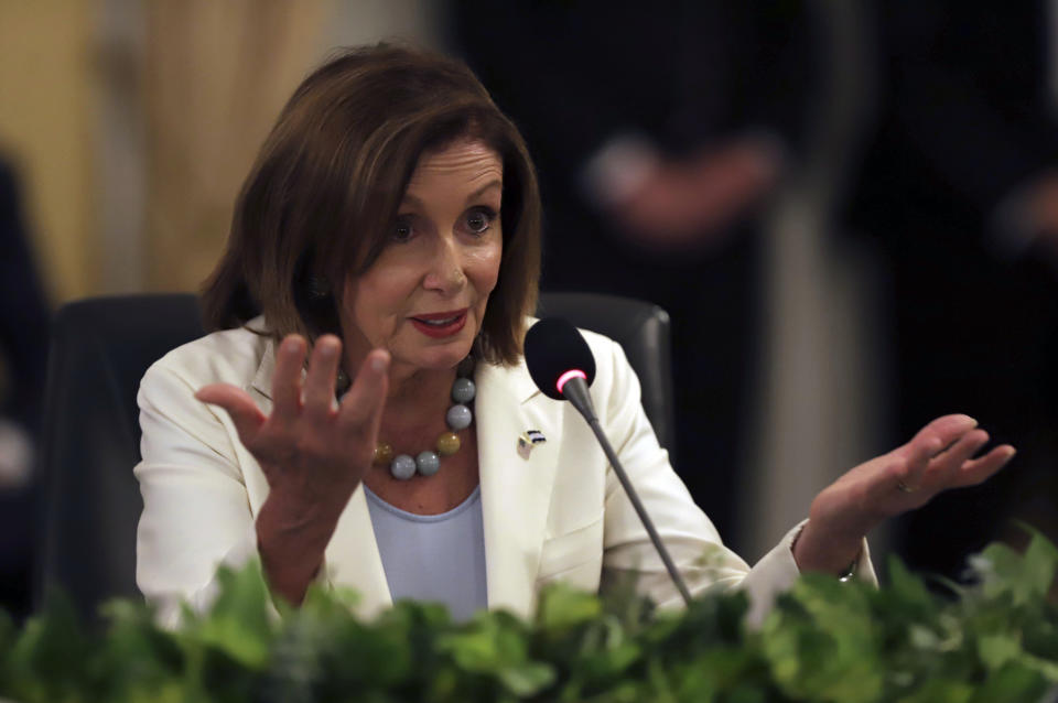 U.S. House of Representatives Speaker Nancy Pelosi meets with El Salvador's President Nayib Bukele in San Salvador, El Salvador, Friday, Aug. 9, 2019. Pelosi is part of a U.S. congressional delegation on a Central American trip that seeks to explore the causes of immigration amid a crisis of migrants on the southern U.S. border. (AP Photo/Salvador Melendez)