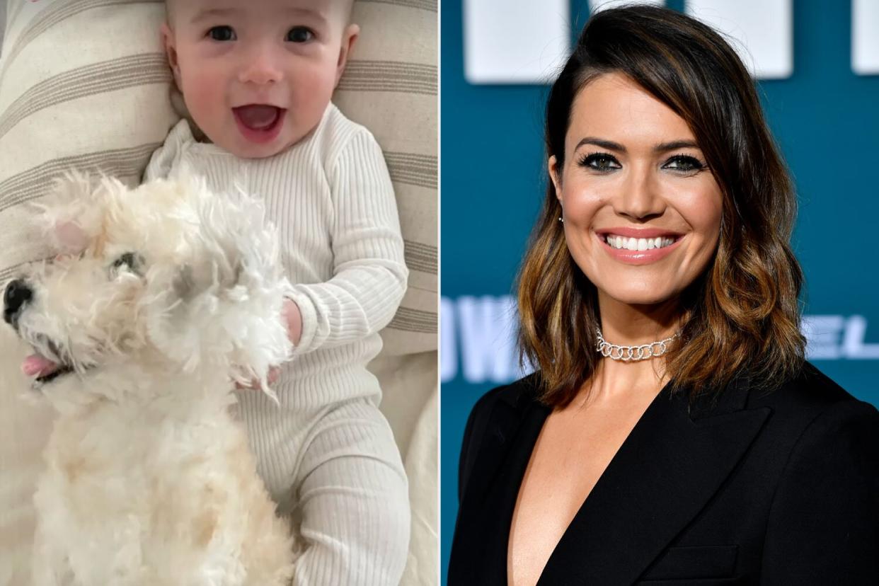 Mandy Moore's Baby Son Gus, 6 Months, Cuddles with Replica of Late Dog