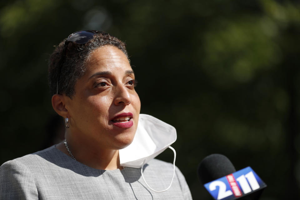 FILE - In this Aug. 5, 2020, file photo, St. Louis Circuit Attorney Kim Gardner speaks a news conference in St. Louis on Aug. 5, 2020. St. Louis Circuit Attorney Kim Gardner faces a hearing Monday, April 11, 2022, before the Missouri Office of Disciplinary Counsel. The panel will determine if she committed ethical violations in her handling of the 2018 criminal investigation of then-Gov. Eric Greitens, who resigned in June 2018. If the panel determines violations, the Missouri Supreme Court will hear the case and Gardner could face punishment ranging from a mild reprimand to being disbarred. (AP Photo/Jeff Roberson, File)