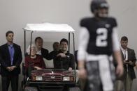 Former President George H.W. Bush and Barbara Bush, watch Texas A&M quarterback Johnny Manziel (2) during pro day for NFL football representatives in College Station, Texas, Thursday, March 27, 2014. (AP Photo/Patric Schneider)