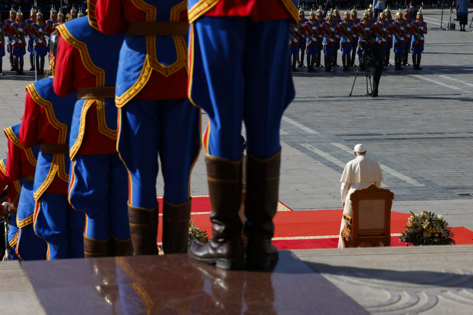 Pope Francis attends a welcome ceremony, Saturday, Sept. 2, 2023, at the State Palace in Sukhbaatar Square in Ulaanbaatar. Pope Francis arrived in Mongolia on Friday morning for a four-day visit to encourage one of the world's smallest and newest Catholic communities. (AP Photo/Remo Casilli, pool)