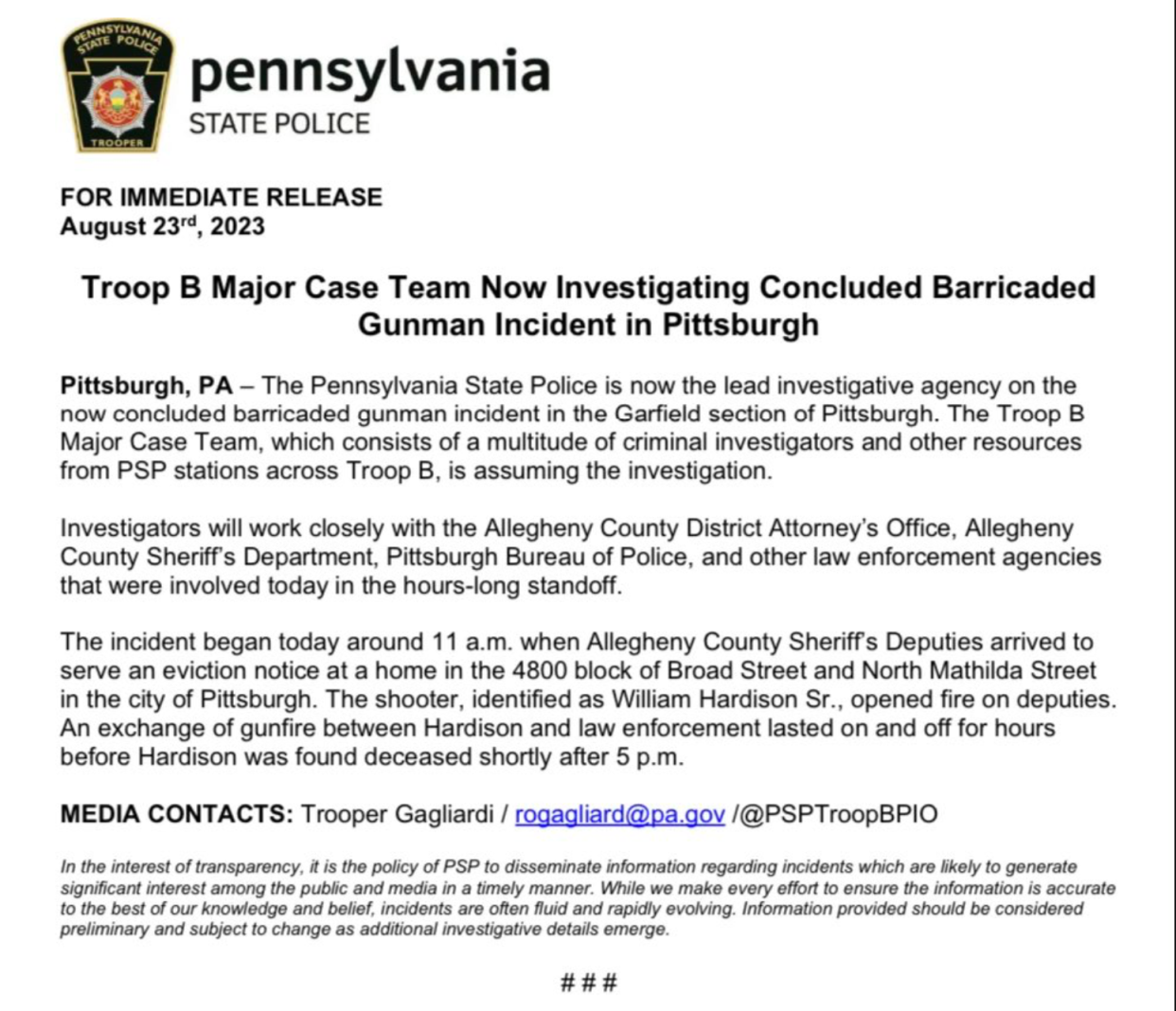 Pennsylvania State Police is taking over the case (Pennsylvania State Police)