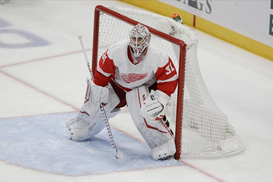 Detroit Red Wings goaltender Calvin Pickard defends his net during the third period of an NHL hockey game against the New York Islanders Tuesday, Jan. 14, 2020, in Uniondale, N.Y. The Islanders won 8-2. (AP Photo/Frank Franklin II)