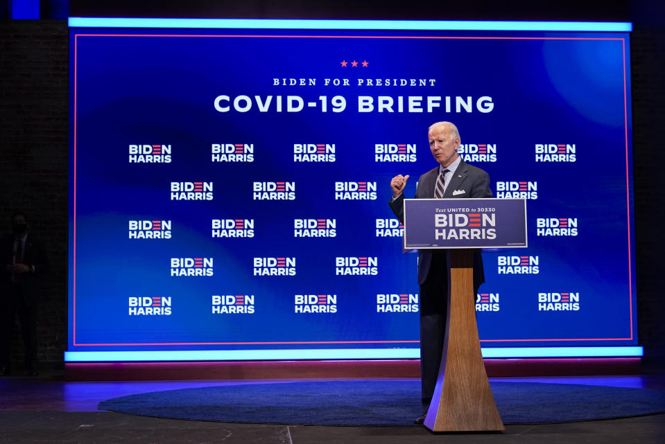 Democratic presidential candidate former Vice President Joe Biden speaks after participating in a coronavirus vaccine briefing with public health experts, Wednesday, Sept. 16, 2020, in Wilmington, Del. (AP Photo/Patrick Semansky)