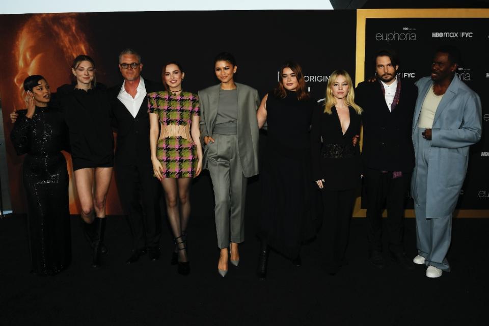 Alexa Demie, Hunter Schafer, Eric Dane, Maude Apatow, Zendaya, Barbie Ferreira, Sydney Sweeney, Sam Levinson and Colman Domingo attend the For Your Consideration event in Los Angeles on April 20, 202. - Credit: Michael Buckner for Variety