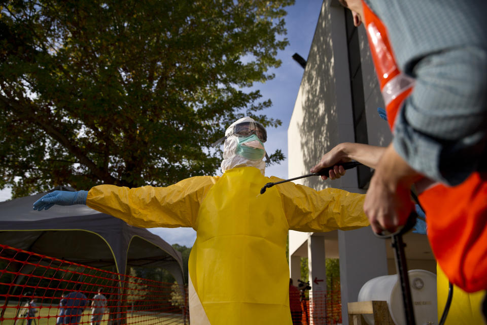 A clinician participates in a CDC training session on how to treat Ebola in Anniston, Ala. (Brynn Anderson/AP)