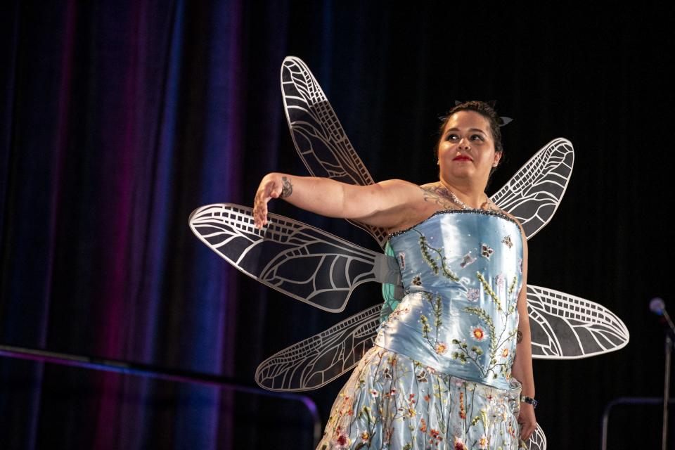 A cosplayer performs in the masquerade during Day 3 of Phoenix Fan Fusion on Saturday, May 25, 2019, at the Phoenix Convention Center in Phoenix.