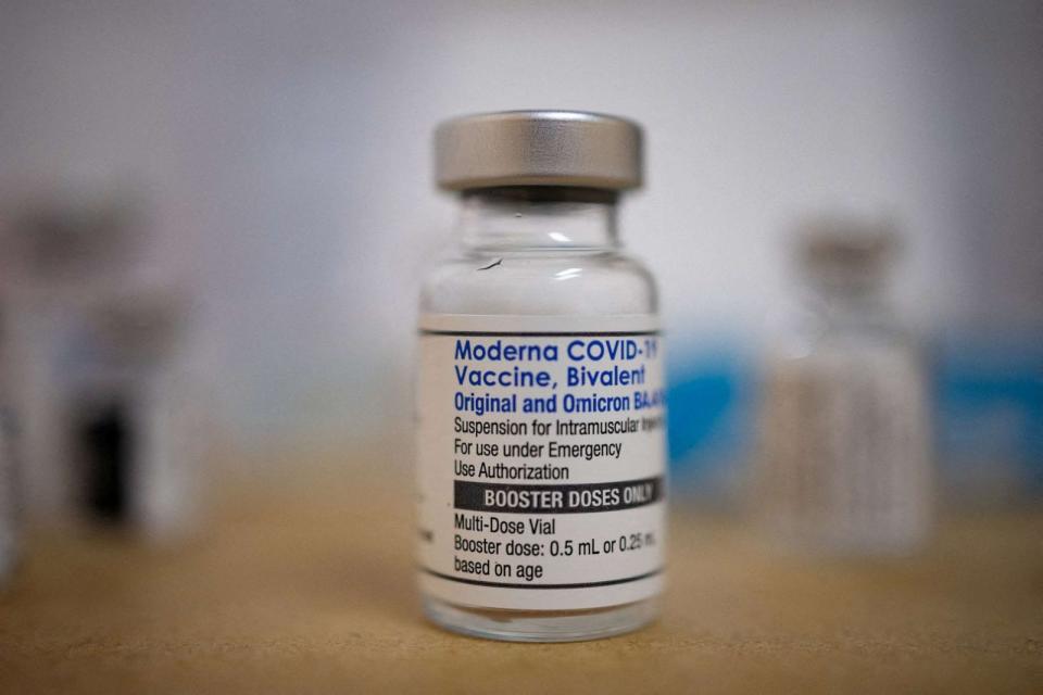 PHOTO: A vial of the Moderna COVID-19 booster vaccine targeting BA.4 and BA.5 Omicron sub variants is pictured at Skippack Pharmacy, Sept. 8, 2022, in Schwenksville, Pa. (Hannah Beier/Reuters)