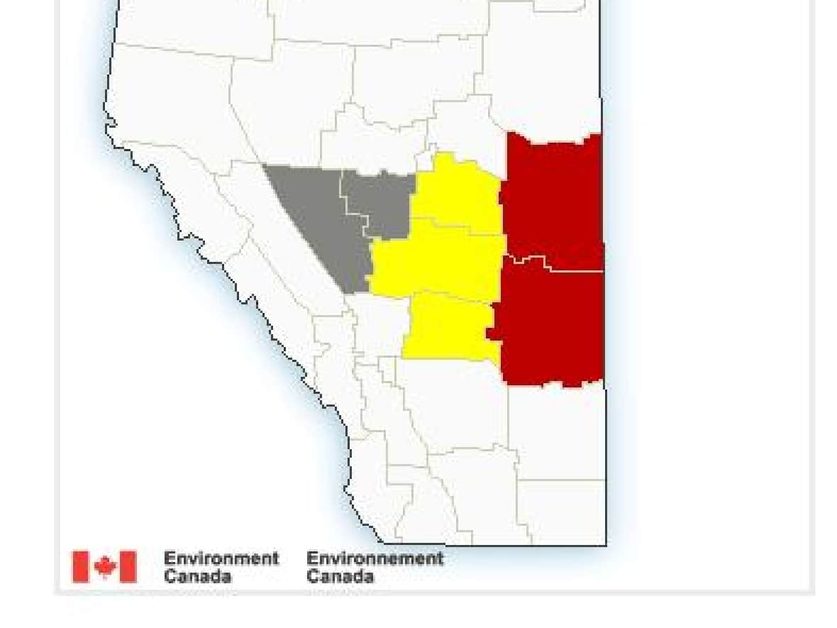 This map shows Environment Canada tornado alerts in Alberta on Tuesday.  (Environment Canada  - image credit)