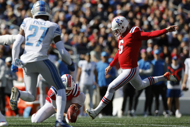 New England Patriots place kicker Nick Folk (6) on the sideline during the  second half of an NFL football game against the Detroit Lions, Sunday, Oct.  9, 2022, in Foxborough, Mass. (AP