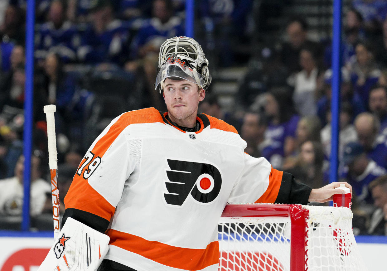 Philadelphia Flyers goaltender Carter Hart (79) is gaining fantasy value